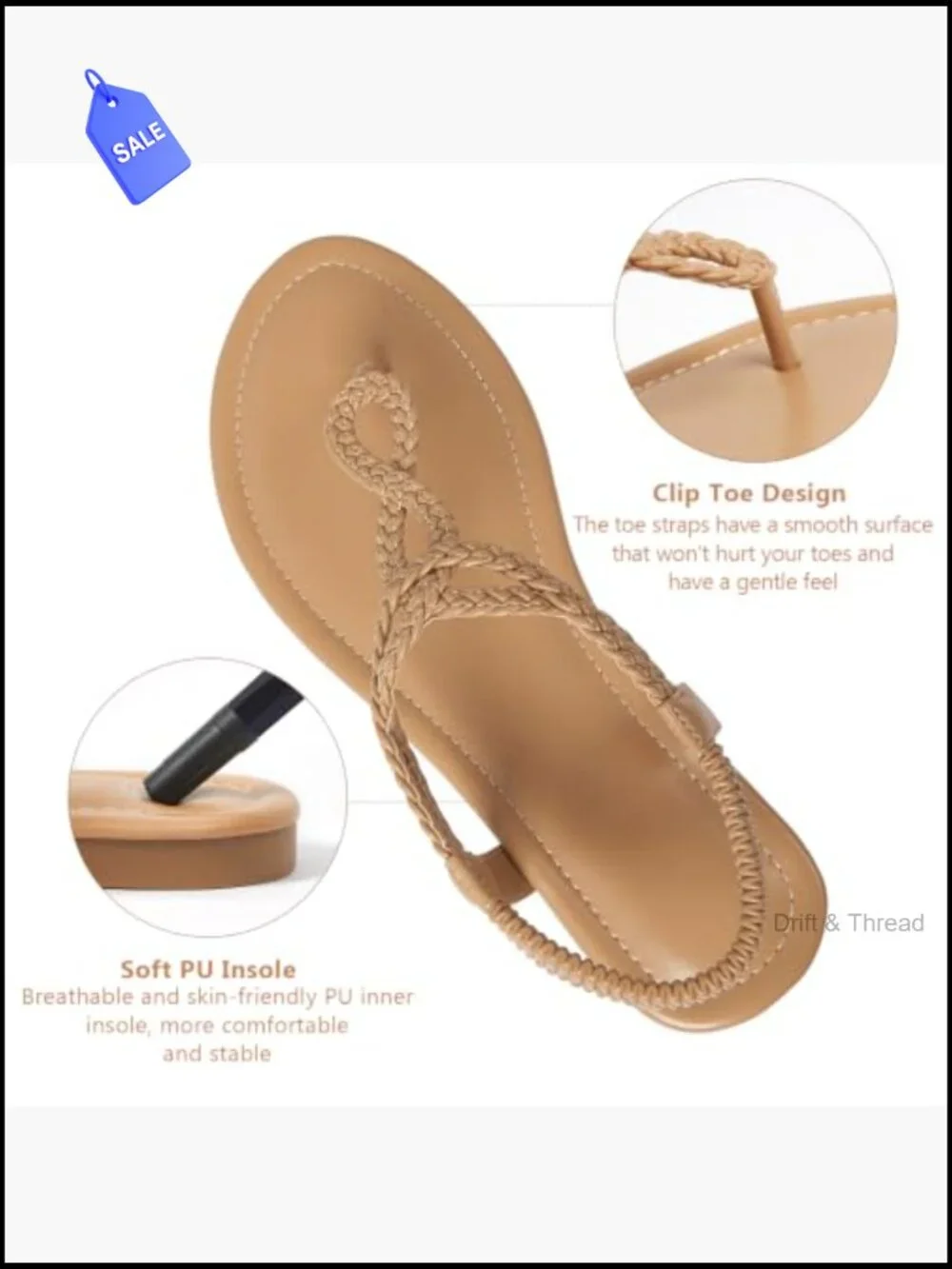 Braided T-Strap Flat Sandals Summer Bohemian Comfortable Dressy Slip On
